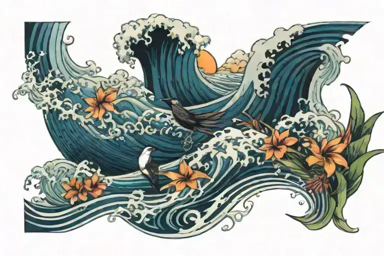 a ocean wave with bird of paradise flowers with some spiritual elements and possibly some maui vibes. tattoo design idea