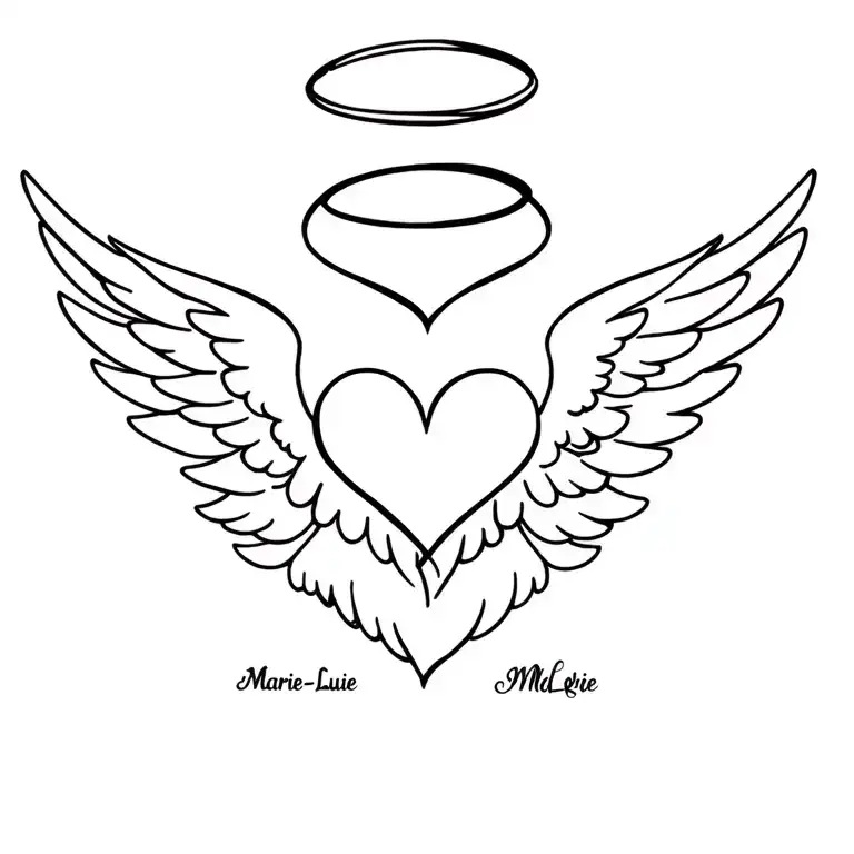 heart with angel wings and a halo to symbolize love with name Marie-Lucie tattoo design idea