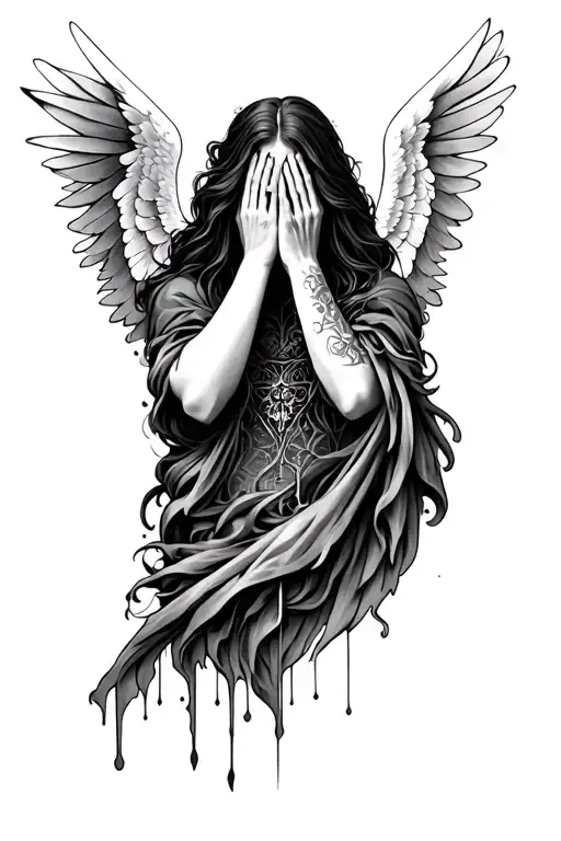 Full sleeve tattoo design in blackwork style, combining biblical and gothic elements. A fallen angel covering its face a tattoo design idea