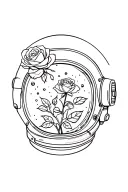 A fine-line tattoo style design of a delicate rose growing from a small astronaut helmet, with cosmic dust particles ins tattoo design idea