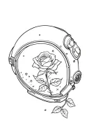 A fine-line tattoo style design of a delicate rose growing from a small astronaut helmet, with cosmic dust particles ins tattoo design idea
