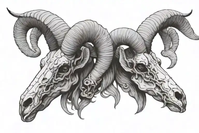 Draw a ram skull, black and white style, volumetric with shadows, in Slavic style, 2 crows, parallel worlds, alternative tattoo design idea