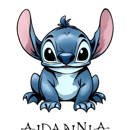 “Tattoo design of Stitch (from Lilo & Stitch) sitting above the name Adriana in elegant, flowing cursive typography. tattoo design idea