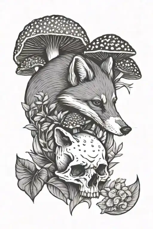fox, badger,  mushrooms, plants, skull from badger tattoo design idea