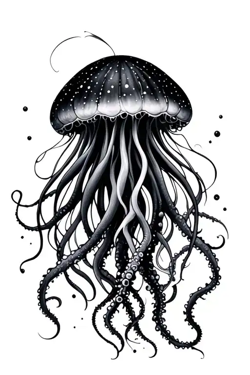 a black and white mysterious jellyfish with long tentacles of various lengths tattoo design idea