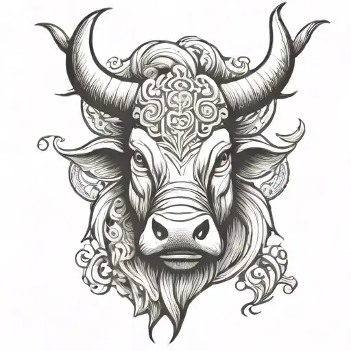 Draw the Head of a bull With a serious and confident look, with a serious and confident look, there were long white horn tattoo design idea