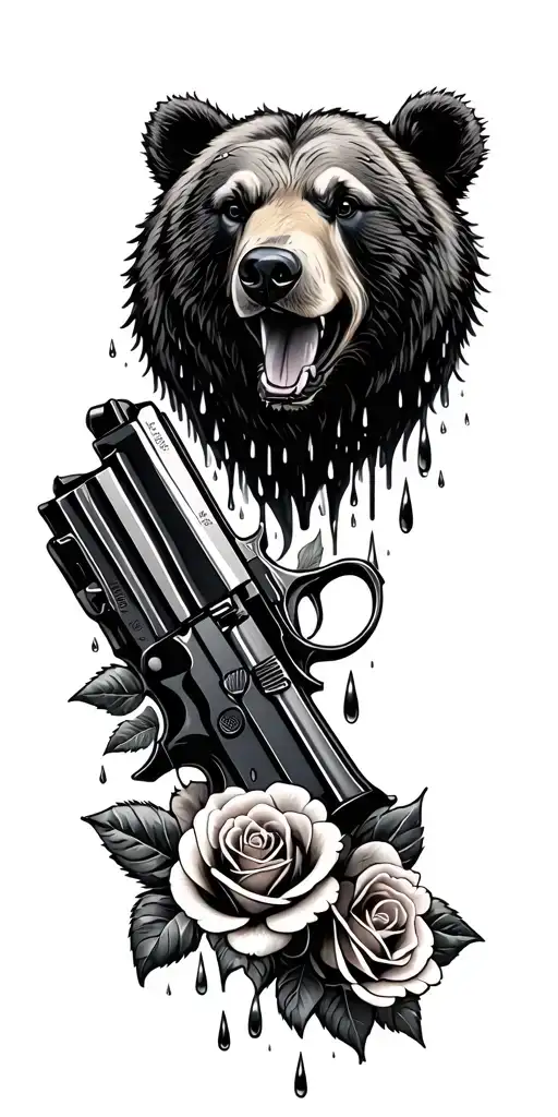 bear head roses gun surrounded my rain tattoo design idea