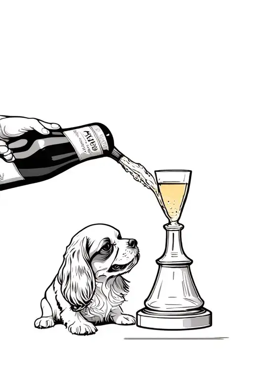 Cavalier King Charles Spaniel  Pouring champagne into a champagne tower while holding the bottle in his mouth. tattoo design idea