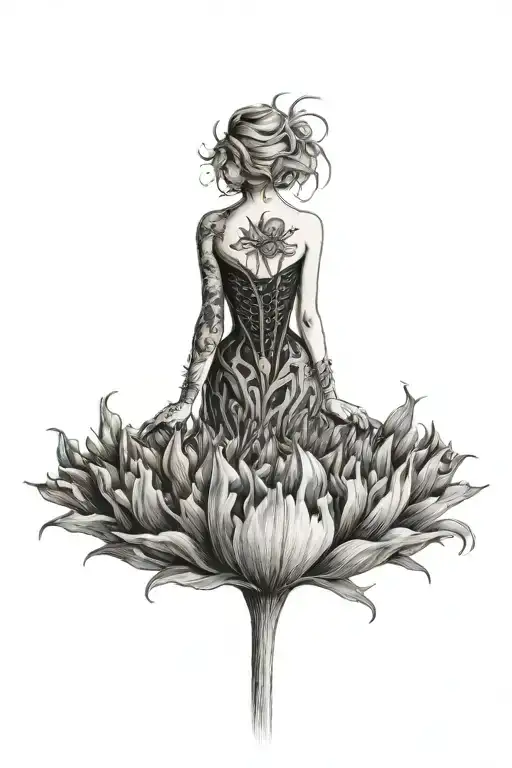 A tulip morphing into a thistle with a female figure in the background tattoo design idea