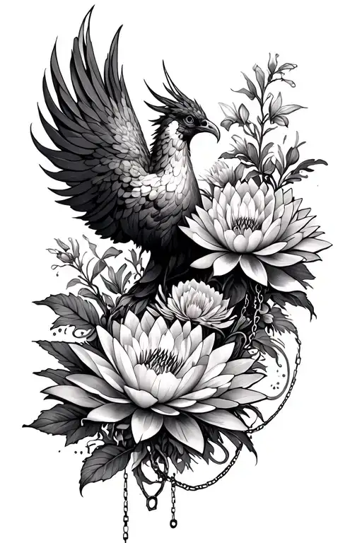 Fine line no colour phoenix Chrysanthemum waterLilly Carnation all connected with elegant chains going down while leg tattoo design idea