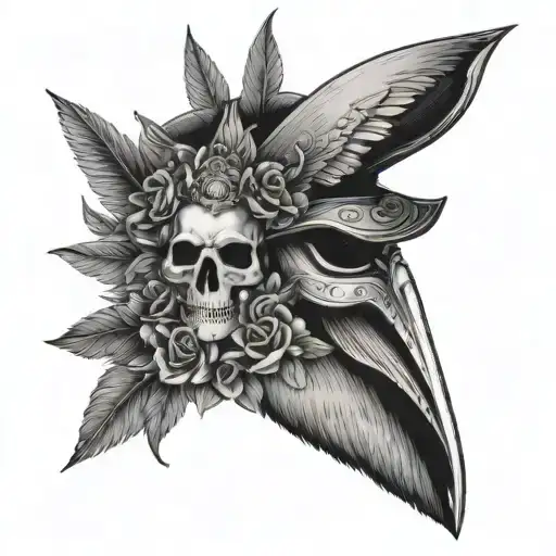 Pelican , hourglass, V for vendetta mask, crown, flowers, nautical and Greek mythology themed. Detailed and realistic. B tattoo design idea