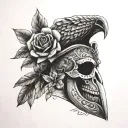 Pelican , hourglass, V for vendetta mask, crown, flowers, nautical and Greek mythology themed. Detailed and realistic. B tattoo design idea