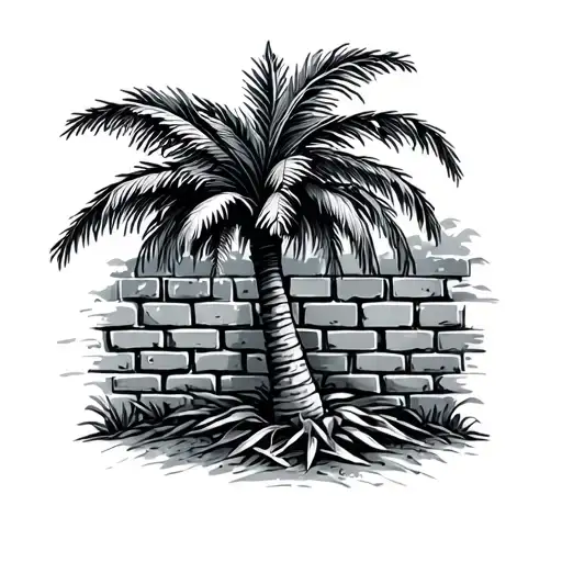 brick wall over grown by palm trees  tattoo design idea