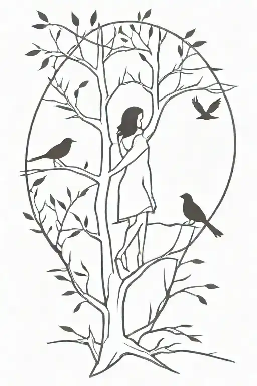 tree intertwined with woman standing, leaves falling and transforming into birds tattoo design idea