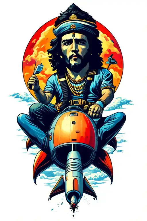 shiva sits next to che guevara riding on a rocket ship sailing tattoo design idea
