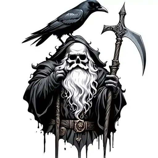 Santa Death with a scythe with a crow on top tattoo design idea