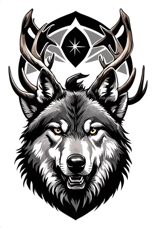 2 angry wolf heads, an elk, North Star tattoo design idea