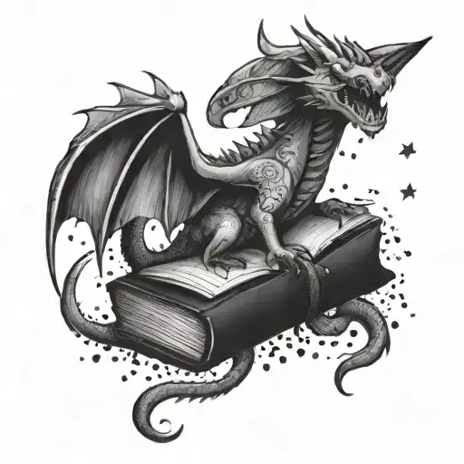dragon, book, thestral, ribbon, stars tattoo design idea