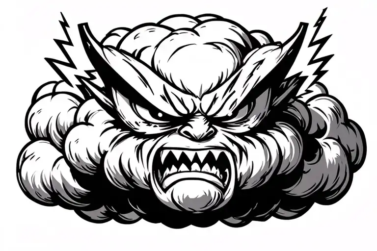 cartoon angry evil cloud with 2 lightning bolts tattoo design idea