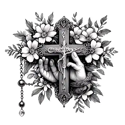 dainty cross with crysanthums wrapped around and praying hand holding a pretty rosary tattoo design idea