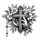 dainty cross with crysanthums wrapped around and praying hand holding a pretty rosary tattoo design idea