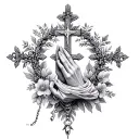 dainty cross with crysanthums wrapped around and praying hand holding a pretty rosary tattoo design idea