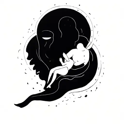 Minimalist black and white tattoo: a large, abstract black figure representing depression surrounds a small white figure tattoo design idea