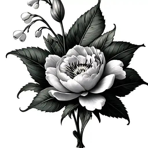 Lily of the valley, honeysuckle, narcisus peony tattoo design idea