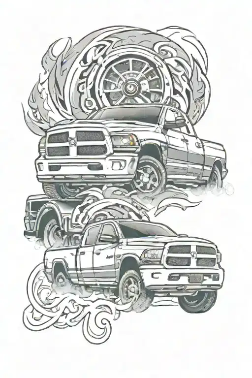 second gen dodge ram burnout with speedometer in background tattoo design idea