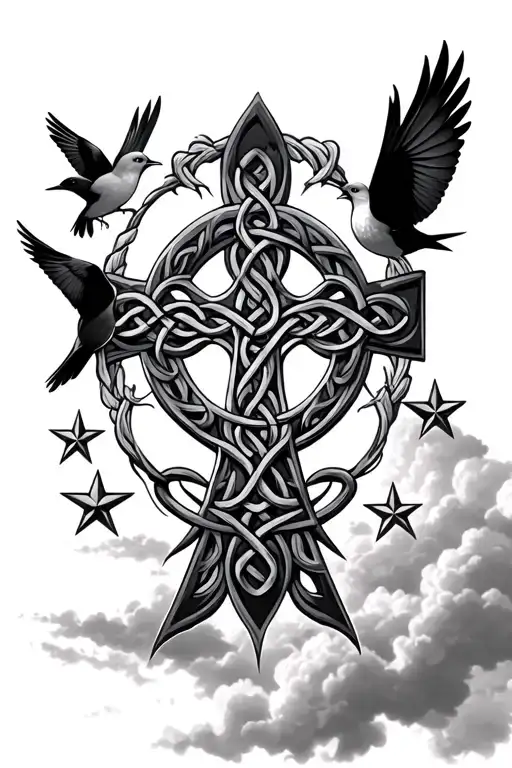 celtic cross surrounded by 6 birds and 3 stars with a shaded clouded background  tattoo design idea