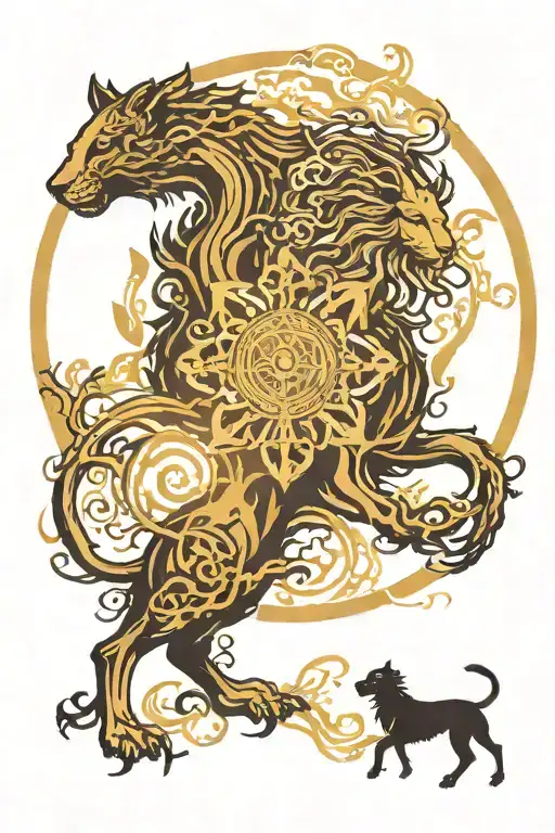 ree of life the roots will be tethered to  a sigma wolf a alpha lion  hunting a beata sheep with a phoenix rising from t tattoo design idea