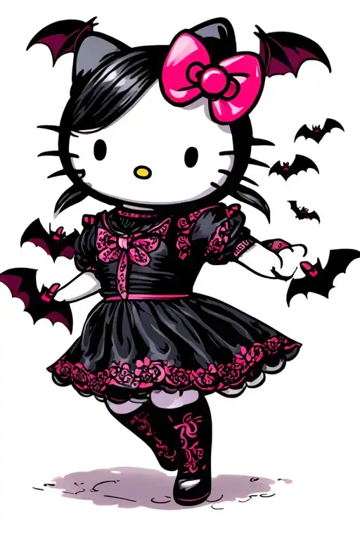 hello kitty wenesday addams dancing with bats flying tattoo design idea