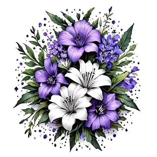 A celestial design incorporating the flowers of violet, lily, larkspur, and marigold in a cosmic theme tattoo design idea