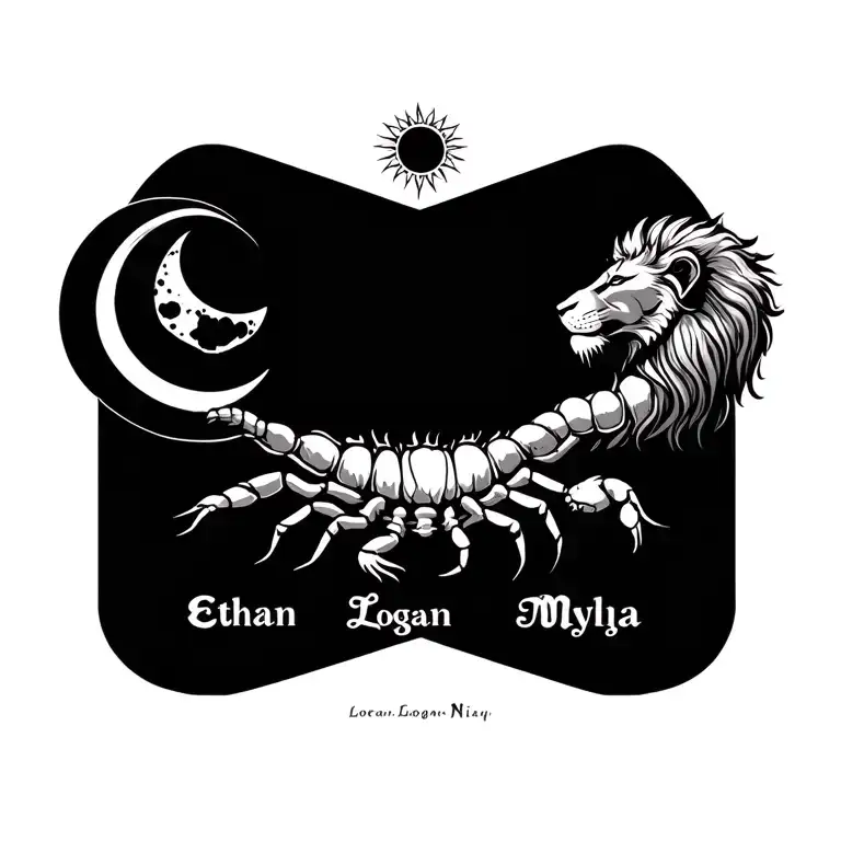 scorpion, sun, moon, lion, 4 kids names, Ethan, Myla, Logan, Miya tattoo design idea
