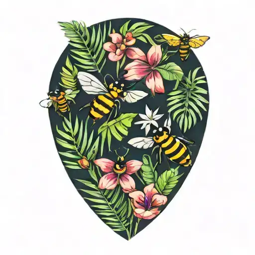tropical leaves with flowers and bees tattoo design idea