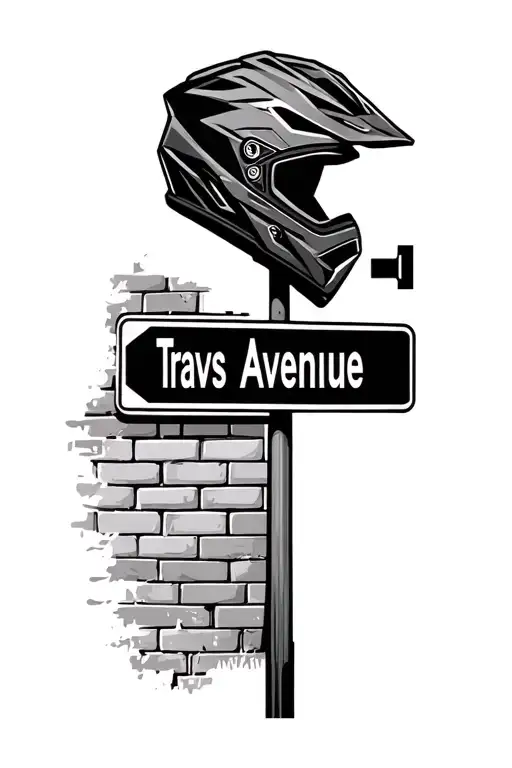 street sign saying travs avenue with brick behind it and a motocross helmet tattoo design idea