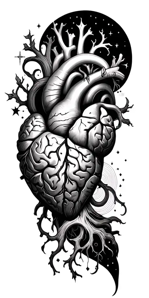 Forearm sleeve: detailed anatomical heart + brain fusion, flowing roots + vines, waves + stars blending with sacred geom tattoo design idea