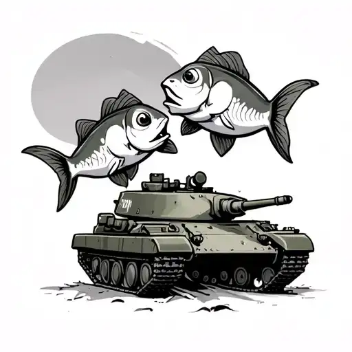 two confused cartoon fish in an army tank tattoo design idea