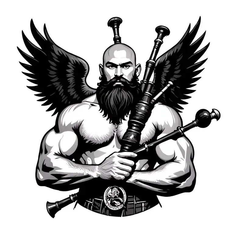 handsome scottish bagpiper bald black beard  muscular wearing pipes in arm big black wings shirtless tattoo tattoo design idea
