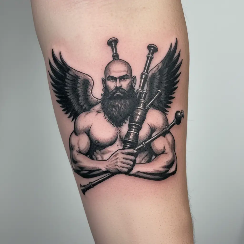 handsome scottish bagpiper bald black beard  muscular wearing pipes in arm big black wings shirtless tattoo tattoo design idea