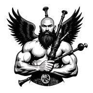 handsome scottish bagpiper bald black beard  muscular wearing pipes in arm big black wings shirtless tattoo tattoo design idea