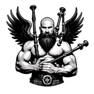 handsome scottish bagpiper bald black beard  muscular wearing pipes in arm big black wings shirtless tattoo tattoo design idea