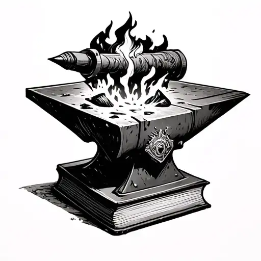mind on a book anvil in a forge to be made into a weapon  tattoo design idea