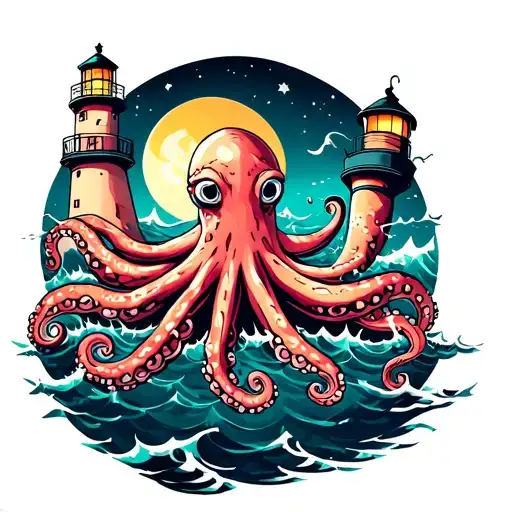 octopus ray and lighthouse that lights the sea tattoo design idea
