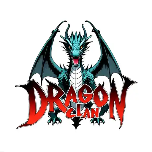 "DRAGON CLAN" dragon with wings out facing forward tattoo design idea