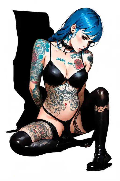 hentail, nude, bdsm, sexy front position, simple body, blue hair tattoo design idea