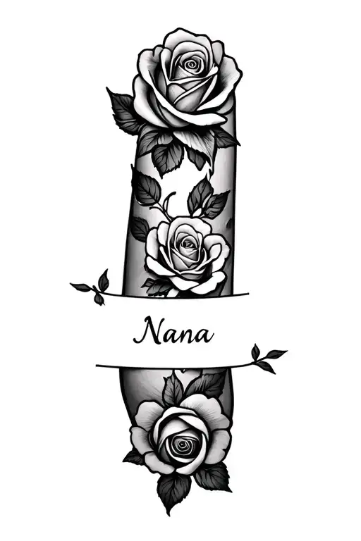 "Nana" rose with a name through it on the middle finger tattoo tattoo design idea