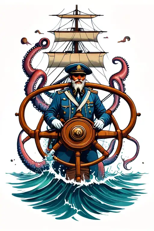 old Captain at the wheel of a  sailing ship in the sea. under the water is a giant squid. with futuristic ideas also  tattoo design idea
