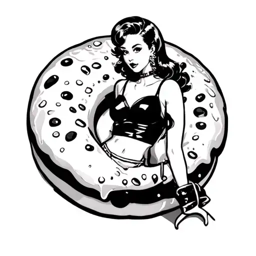 pinup girl with outfit inspired by a glazed donut  tattoo design idea