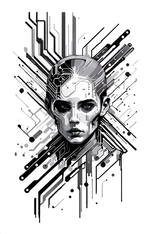 black and white cyberpunk tattoo inspired by altered carbon including circuit board shapes and polygons tattoo design idea
